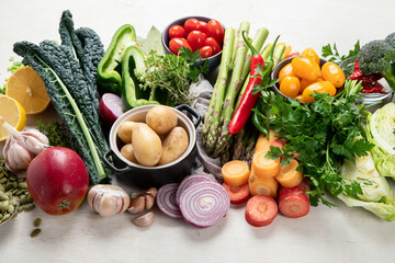 Healthy food selection. Detox and clean diet concept. Foods high in vitamins, minerals and antioxidants. Anti age foods.