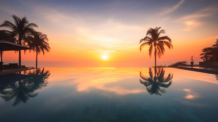 Fototapeta na wymiar Outdoor luxury sunset over infinity pool swimming. Generative Ai