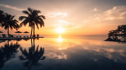 Fototapeta na wymiar Beautiful poolside and sunset sky with palm trees. Generative Ai