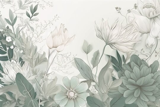  a white and green floral wallpaper with lots of leaves and flowers on the side of the wall and the bottom half of the wall.  generative ai
