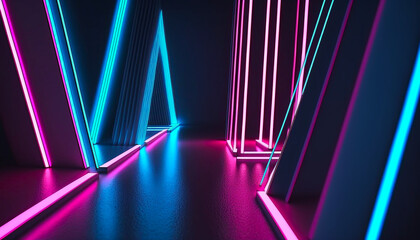 abstract geometric background with pink and blue neon light. Empty room with laser linear shape glowing in the dark. Generative AI