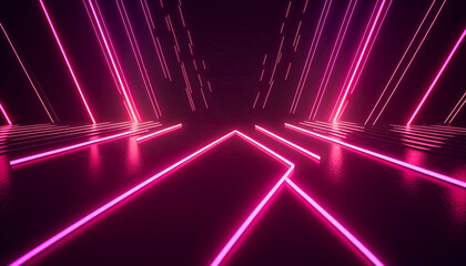 Fototapeta na wymiar abstract geometric background with pink neon light. Empty room with laser linear shape glowing in the dark. Generative AI