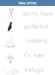 Trace the names of cute arctic animals. Handwriting practice for preschool kids.