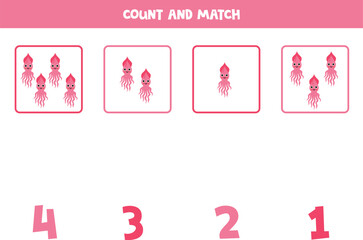 Fototapeta na wymiar Count all pink squids and match with the correct number.