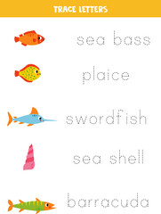 Tracing letters with cute fish. Writing practice.