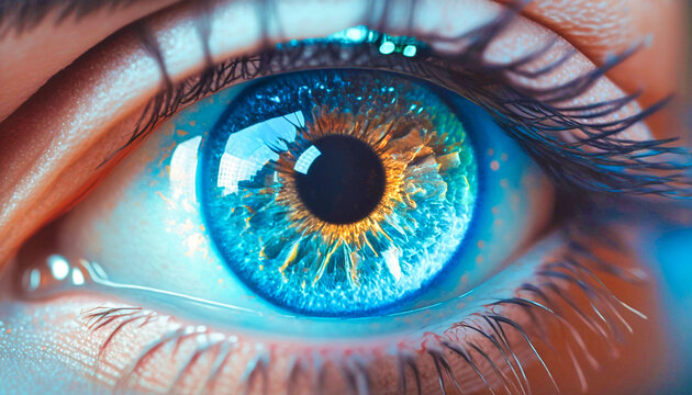 Cosmic human eyes in close range light blue, generative AI