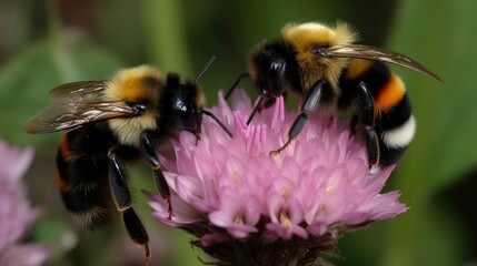 Bumblebee foraging on flower, flower pollination by bug.