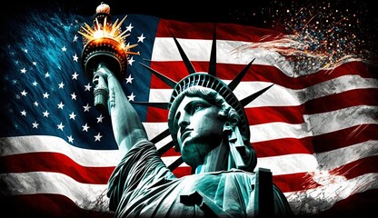 USA 4th of july - Illustration of statue of liberty and usa flag, Generative ai
