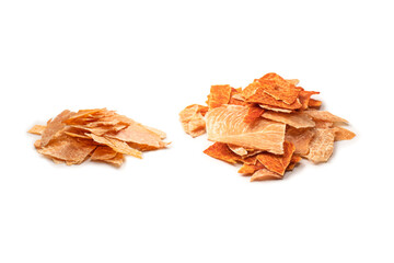 Group of tasty beer snacks. Dehydrated chicken meat slices.