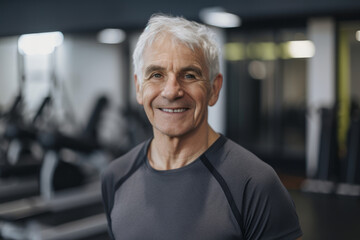 Fototapeta na wymiar Portrait of a senior male with grey hair stood in a gym. Generative ai