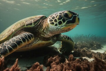 Fototapeta premium The importance of protecting sea turtles and their habitats, bokeh Generative AI