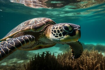 Fototapeta premium The importance of protecting sea turtles and their habitats, bokeh Generative AI