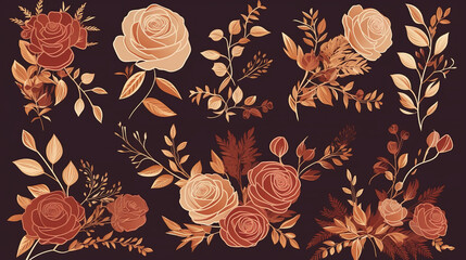 Set of watercolor floral arrangements of brown and peach roses and leaves. Botanic decoration illustration for wedding card, fabric, and logo composition Generative Ai