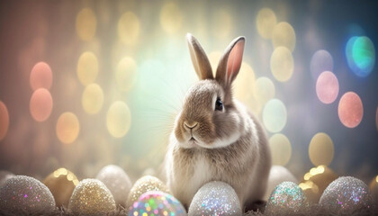 Fototapeta na wymiar Beautiful easter eggs with easter rabbit on shiny background, postcard, wallpaper. Generative AI