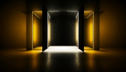 Design empty dark gold glowing room. Generative AI