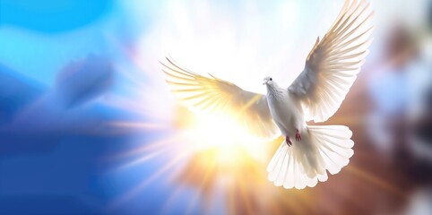 Holy Spirit dove flying with open wings with blurred background and sunlight ray effects Generative AI Illustration - obrazy, fototapety, plakaty