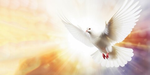 Holy Spirit dove flying with open wings with blurred background and sunlight ray effects Generative AI Illustration