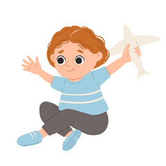 Cartoon happy boy playing with airplane and smiling. Cute vector illustration isolated on white background.