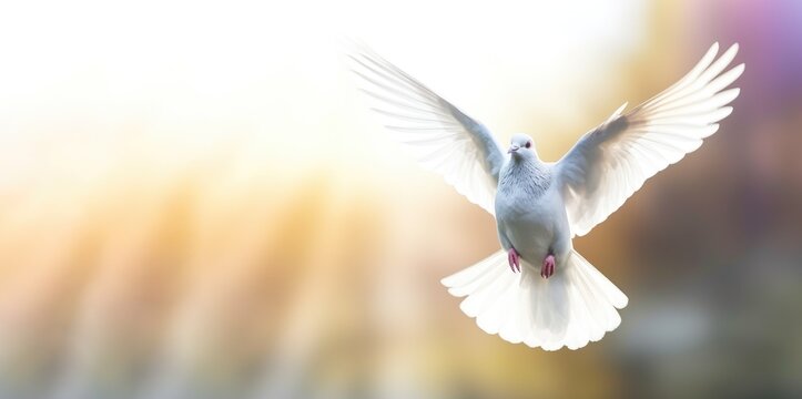 Holy Spirit dove flying with open wings with blurred background and sunlight ray effects Generative AI Illustration