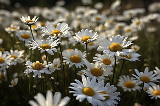 beautiful field of white daisies with yellow centers under a bright blue sky. Generative AI