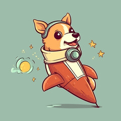 Cartoon Dog Flying to Space with a Rocket