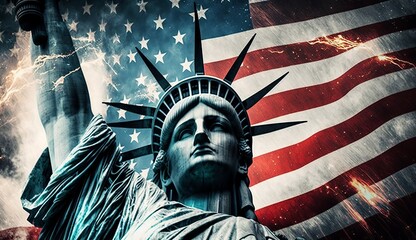 USA 4th of july - Illustration of statue of liberty and usa flag, Generative ai - obrazy, fototapety, plakaty