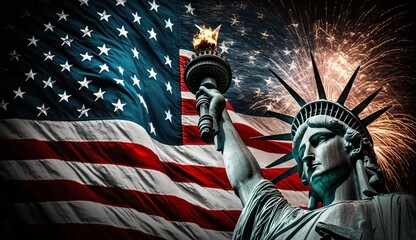 USA 4th of july - Illustration of statue of liberty and usa flag, Generative ai - obrazy, fototapety, plakaty