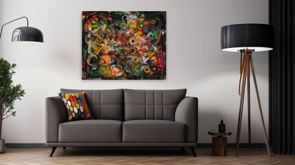 sofa with vibrant and eye-catching art on simple plain wall background - ideal for real estate photography and interior design. generative ai