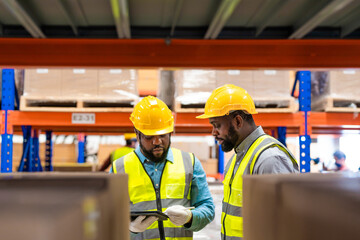 African workers holding folders for checking and inspecting on site warehouse area for shipping...