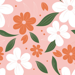 Seamless cute pink ang orange floral vector pattern with meadow flowers. Flower background. - 587035505