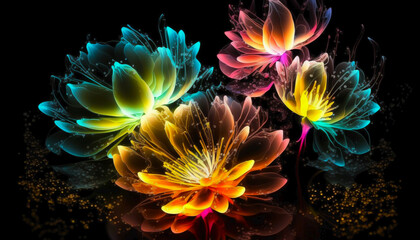 Neon colorful flowers on isolated black background. Natural modern beautiful wallpaper, screensaver. Generative AI