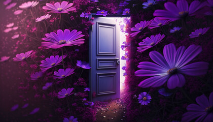 Purple door with flowers wall. Naturalistic concept. Generative AI