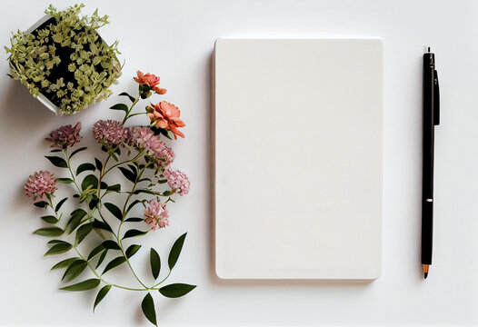 Top view note book anf flowers on the desktop. For wedding planner concept, AI Generated