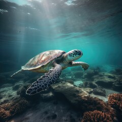 Obraz premium Green turtle in the blue looking at me. Created with generative AI.