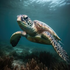 Fototapeta premium Green turtle in the blue looking at me. Created with generative AI.