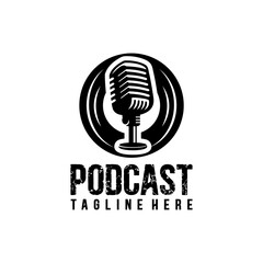 Podcasts station. Template emblem with retro microphone. Design element for logo