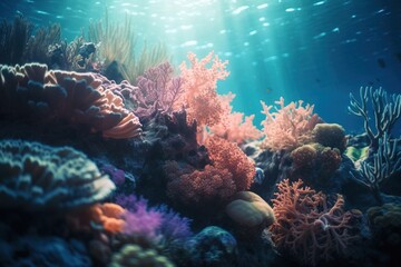 Fototapeta na wymiar an underwater scene of a coral reef with sunlight streaming through the water and corals growing on the bottom of the reef, with sunlight streaming through the water. generative ai