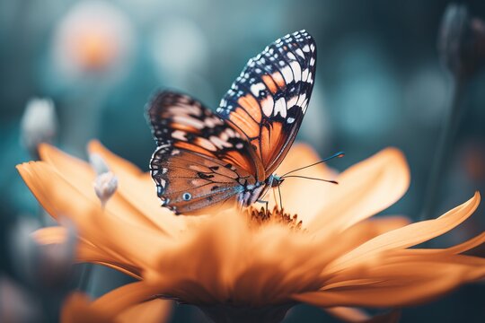  a butterfly sitting on top of a flower in a field of orange and white flowers with a blurry background of blue and yellow flowers.  generative ai