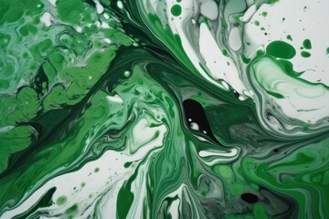 Abstract background. Liquid paint, fluid art style. White and green paint. AI generative.