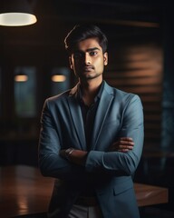 Fototapeta premium Confident Businessman with Arms Crossed Photorealistic Portrait Illustration [Generative AI]