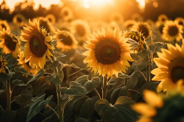  a large field of sunflowers with the sun shining through the trees in the background and the sun shining through the leaves in the foreground.  generative ai - obrazy, fototapety, plakaty