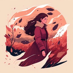 Obraz na płótnie Canvas Young pretty woman walking with her hair in the wind with fashion coat in october autumn flat illustration 