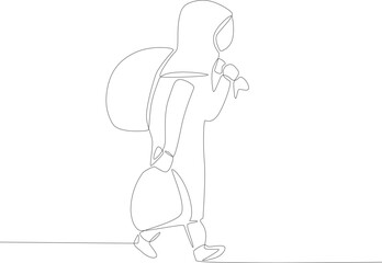 A woman fled with a lot of luggage. Refugee one-line drawing