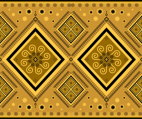 Ethnic folk geometric seamless pattern in brown and yellow tone in vector illustration design for fabric, mat, carpet, scarf, wrapping paper, tile and more