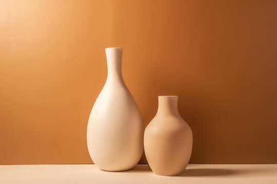 Duo of modern vases on a beige wall background.