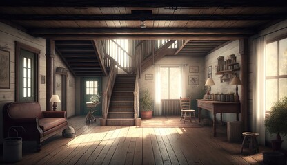Realistic retro classic interior large bright living room in a country house. Generative Ai