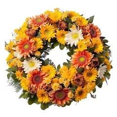 Funeral wreath over a white background, a symbol of respect and sympathy. Classic and elegant floral arrangement. Generative AI