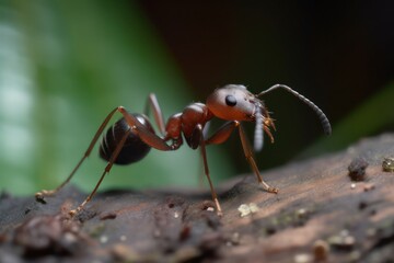 Red ant on wood looking towards us
