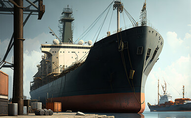 Fototapeta premium A merchant ship berthed at a port doing loading and unloading work. Generative AI illustration.