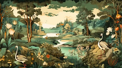  Watercolor art of The tropical rainforest of birds and plants and lake, generative AI 